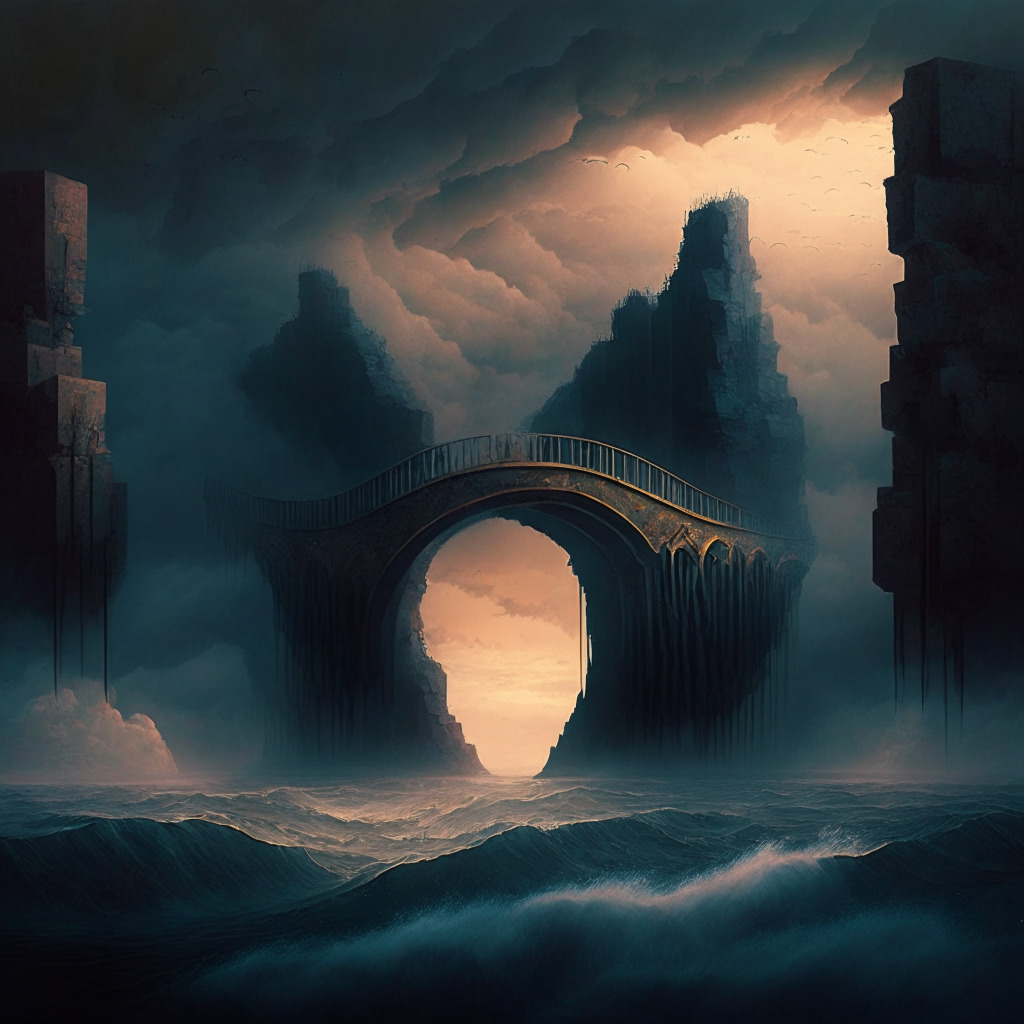 Surreal vista of a digital bridge arching over a deep chasm, encapsulating the encroachment of decentralization on traditional exchanges, Smoky hues of twilight hinting at journey fraught with challenges. Underneath, a tumultuous sea symbolizing financial crashes, while a fortress symbolizing established financial systems stands in quiet defiance, darkened by cloudy uncertainties of regulatory compliance, lit subtly, hinting at forthcoming transformation.