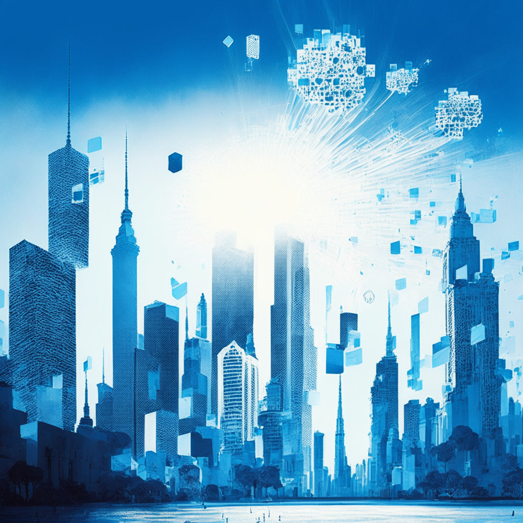 Buenos Aires skyline at dawn, blockchain-linked wallets depicted as ethereal entities rising from strategically placed iconic landmarks, splashed with shades of Argentinian blue and white. The scene carries a hopeful tone yet a discernible undercurrent of uncertainty. Style akin to magical realism, capturing the juxtaposition of technology and societal impacts within the cityscape.