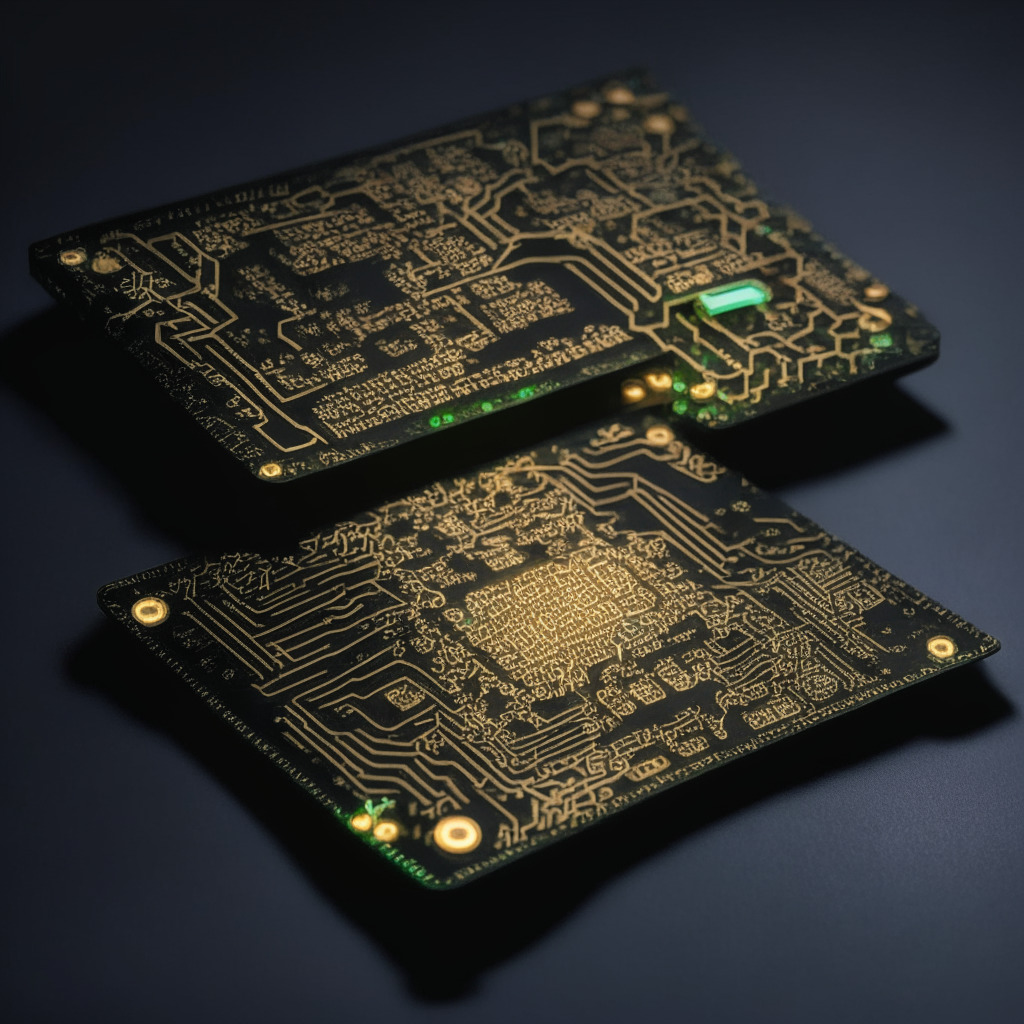 Depict an illuminated, intricate hand-built cryptocurrency wallet using a printed circuit board. Include both open-source codes and electronics components scattered around. Emphasize an artistically designed DIY spirit with the flavor of innovation, while hinting at a looming shadow to symbolize potential security risks.