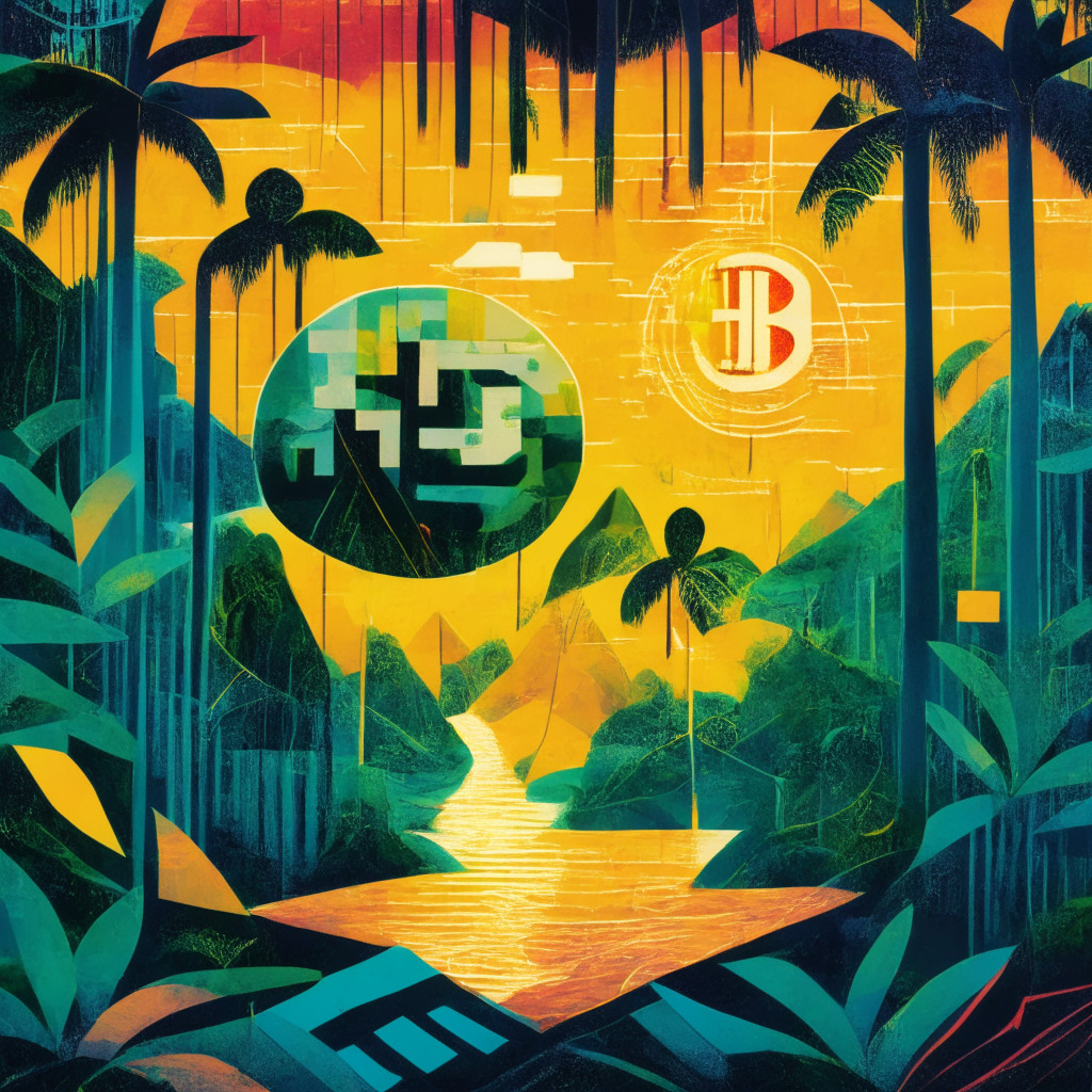 An abstract representation of global financial connectivity, vibrant Costa Rican rainforest meets icy Canadian landscapes, symbolic SINPE Movil pathway threading through, Bitcoin Jungle's virtual wallet in the foreground, a dazzling, digital Bitcoin halo overhead. Moody sunset hues, expressed in a striking Cubist style, emit a sense of anticipation, tension, potential obstacles in this international expansion journey.