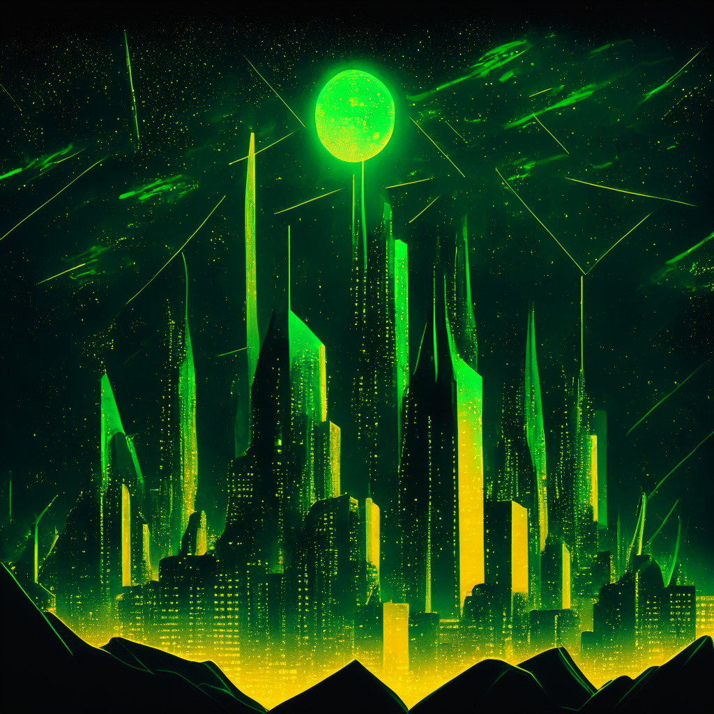 Dramatic night scene, glowing futuristic cityscape with towering cryptocurrency symbols overcoming barriers, hues of green symbolizing growth, amber skyline reflecting optimism. Angular shapes represent resistance levels, chiaroscuro effect for mood of resilience, resilience in face of turmoil, use Van-Gogh-star-studded-skies style.