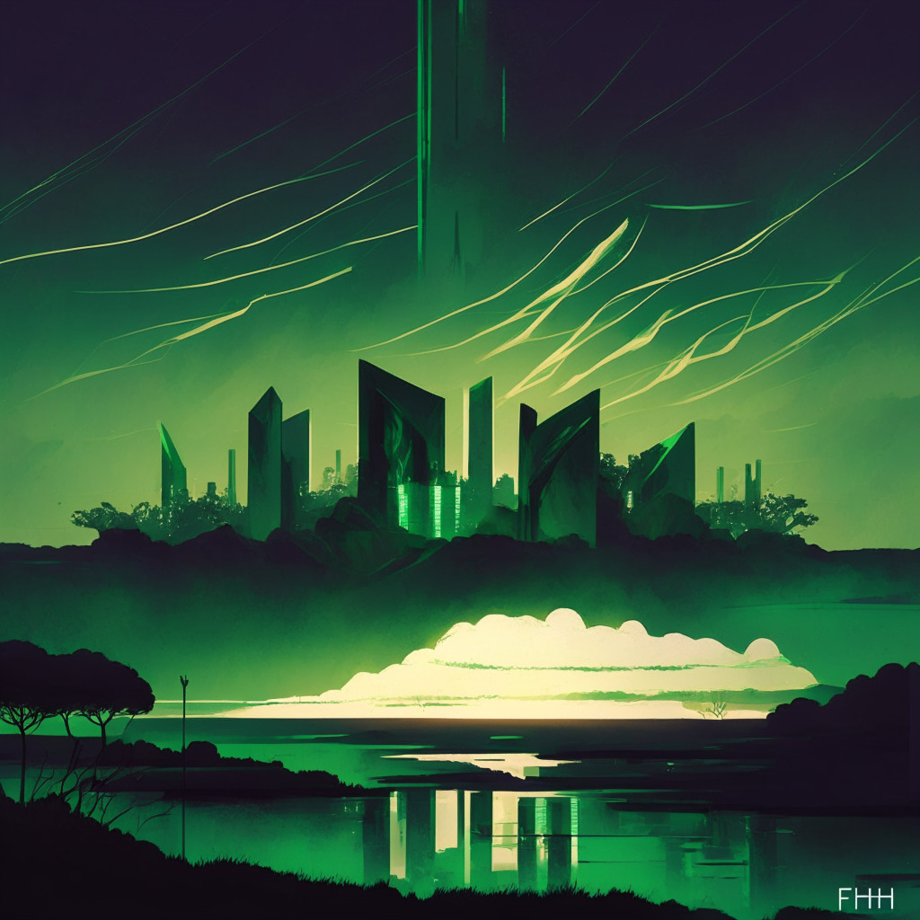 A dramatic skyline at dusk highlighting optimistic upward trends, centers around an abstract representation of the Fetch.ai token as a gleaming, ascending arc. Flashes of warm light illuminate the landscape, symbolizing a powerful price surge. Surrounding structures, cast in subtle hues of green, embody emerging AI-focused cryptos. A cautious shadow looming at the edge, represents the inherent risks. The mood is cautiously hopeful, style - modern impressionism.