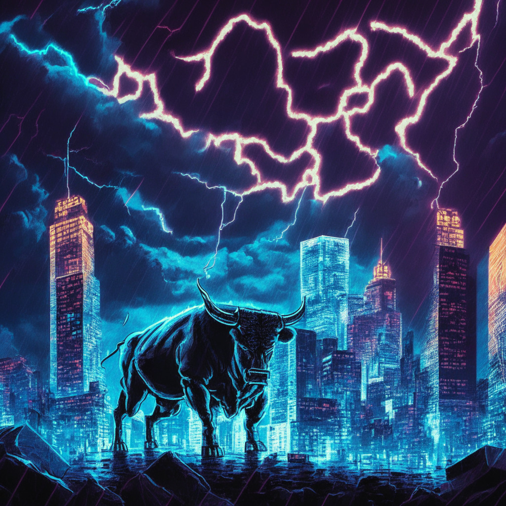 A midnight metropolis skyline under a stormy sky, rays of light breaking through storm clouds. Conceptual representation of Bitcoin's bulls and bears dominating the illuminated cityscape, hinting menace yet delivering promise. A neon-glitz business district shows agitation of prices, symbolizing high volatility. Portray hidden cameos of a bull, bear, and poker player in pop-art style. Capture an eerie yet expectant mood, dramatic play of lights and shadows.