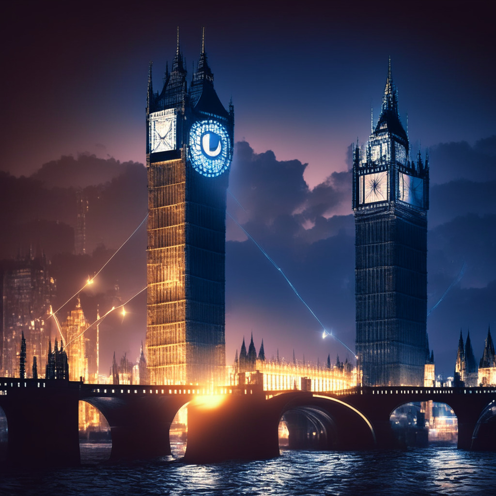 A dusk-lit cityscape of London, UK, showing symbols of crypto and blockchain shaded in the shadows and lights flickering off. A large digital drawbridge being pulled upwards, symbolizing the exit of a major player. A faded backdrop of the UK's Financial Conduct Authority ordinance documents. London's iconic Big Ben's hand pointing towards October 8 to indicate changes. Mood: Anticipatory, undecided, high-stakes; artistic style: digital realism metaphor