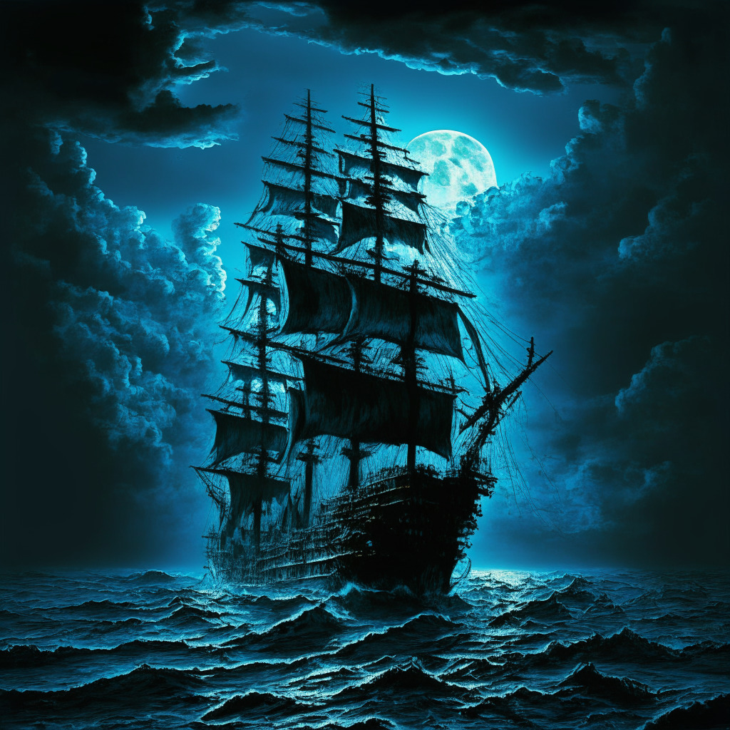 An imposing ship on tumultuous ocean waters under a stormy, moonlit sky, partially eclipsed by dark clouds ties to symbolize uncertainty. A single enigmatic figure, symbolic of the interim CEO, stands on the deck, steering the ship, casting long shadows. The ship's rigging is full of ghostly, fading figures, embodying the departing executives. Use fluorescent blues and silvers to enhance the eerie, unsettled mood.