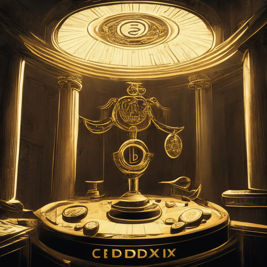 Dramatic courtroom scene, central gavel with emblems of DeFi protocols Opyn, ZeroEx, and Deridex etched onto it, a weighing scale balancing golden coins and a blockchain symbol, hinting investor protection and blockchain autonomy. Vivid clarity in Baroque style, light cascading from a skylight, casting high contrast shadows. Mood: Tense, signaling regulatory scrutiny and future uncertainties.