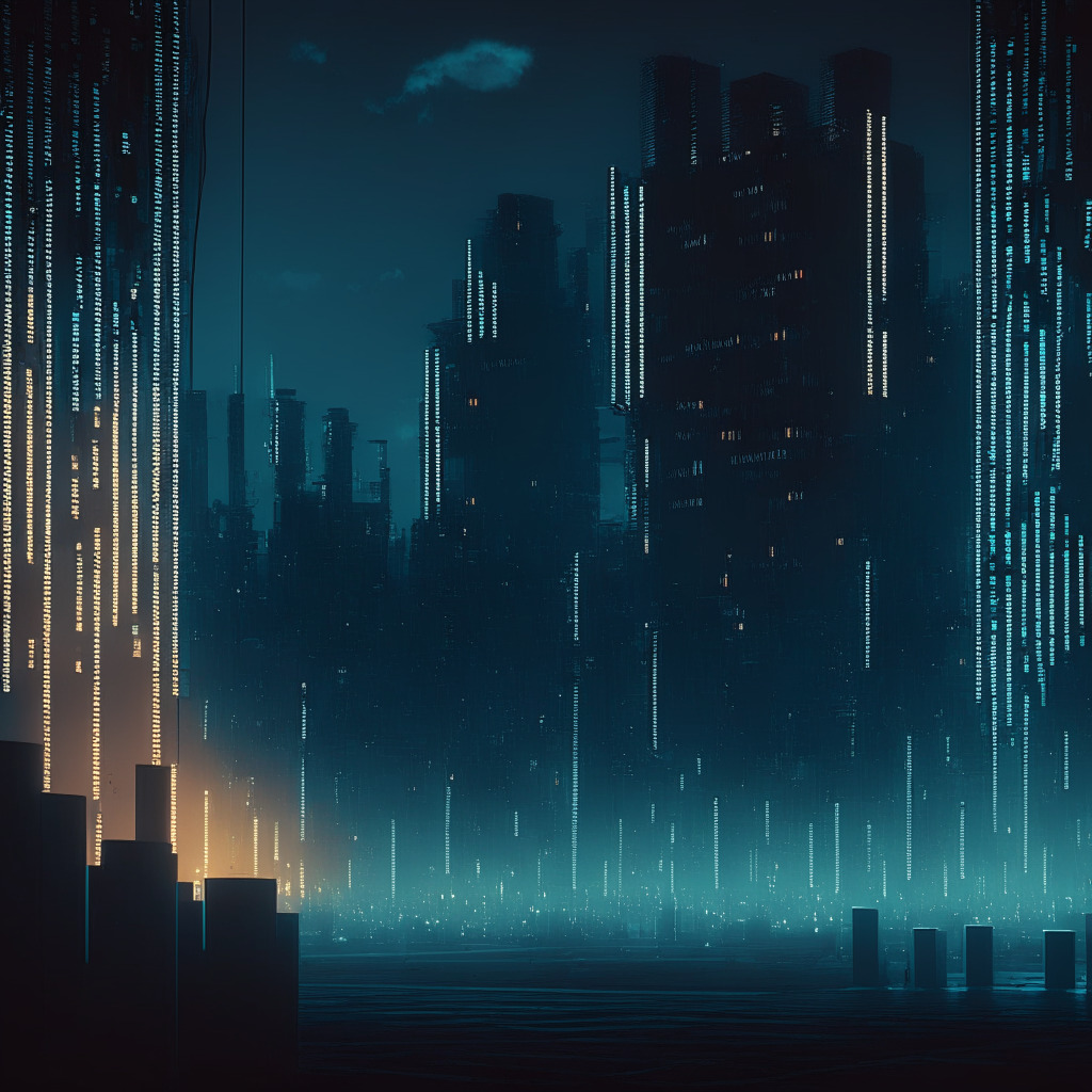 Dystopian technoir cityscape at evening, shadow-laden AI data center in foreground, oversized tensors glowing with enigmatic data points, scattering subtle, eery light. Digital detectives hover nearby, scanning massive data silhouettes for crime leads. Mood: anticipation, tension, and thrill of emerging AI era, overlaid with sobering uncertainty of privacy implications.