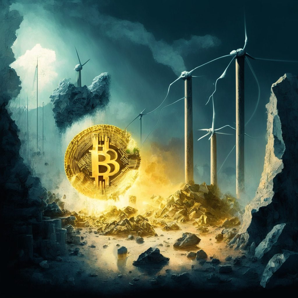 A dynamic transformation scene, portray Bitcoin symbolic features engaged in mining operations, reflecting a potential move towards green energy, a twilit atmosphere, imbue a sense of contrasting perspectives, painterly style, convey half of the scene in a gloomy mood, indicative of energy consumption concerns, the other half radiant with hope showing reduction in carbon emissions.