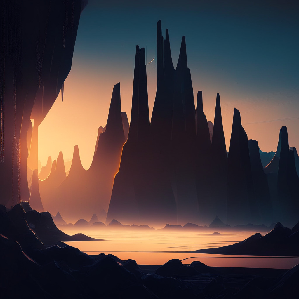 An abstract, futuristic landscape reflecting the crypto-market volatility, focusing on Cardano's rise and challenges. Light setting is a peculiar dusk, casting long shadows signifying regulatory uncertainties. A digital ADA, brilliantly ascending from a valley yet tethered by shadowy chains, conveys the mood of cautious optimism versus persistent bearish trend.
