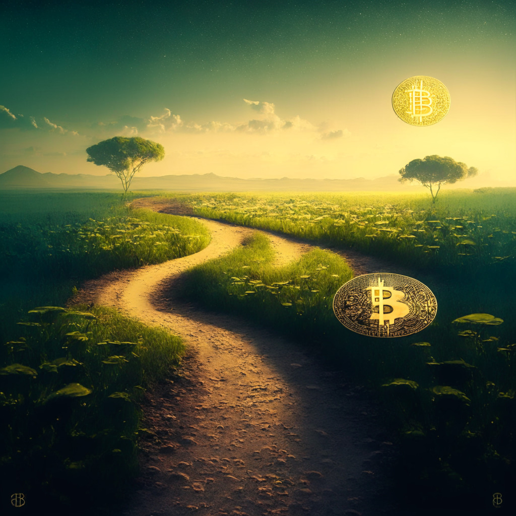 A dawn-lit landscape with two parallel paths, one verdant with established growth showcasing a steadfast Cardano coin, the other showing a newly formed path glittering with the potential of a smaller Bitcoin BSC coin. A clouded horizon alludes to uncertainty, while an overall warm palette conveys optimism.