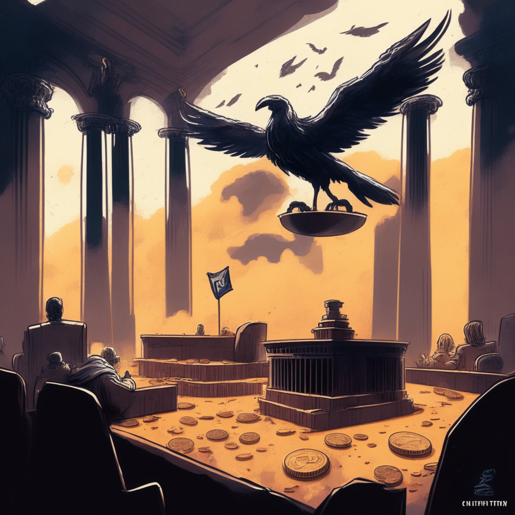 Shadowy courtroom scene under a melancholic sky, a gavel poised in mid-air symbolizing the imminent ruling. In the background, sketch a phoenix rising amidst a crypto coin mine, representing NewCo's birth from Celsius's ashes. Scatter Bitcoin and Ethereum coins around, hinting at their redistribution, vividly contrasting with the somber setting. Adopt a chiaroscuro style to highlight the tension between transparency and anonymity in the Crypto sphere.