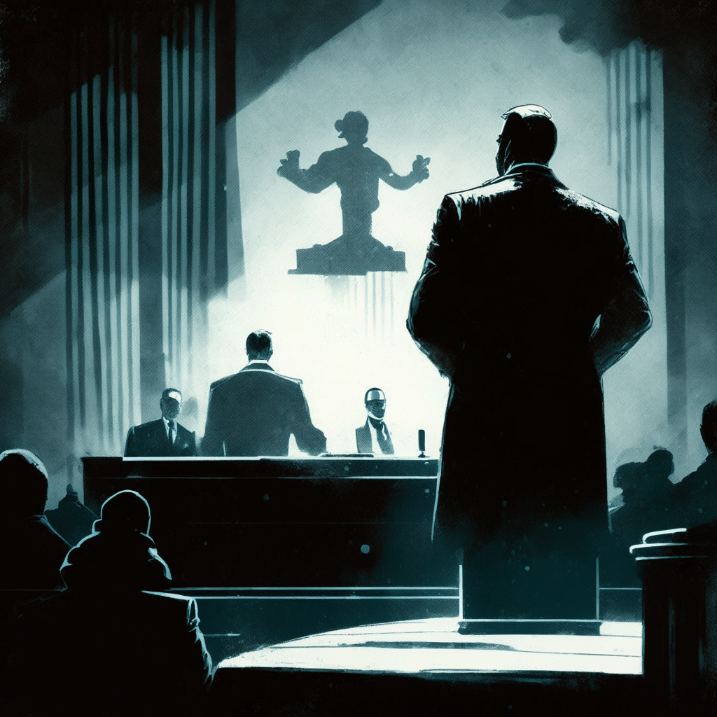 A dramatic courtroom scene with a heightened chiaroscuro light setting conveying a tense and somber mood. A man symbolizing the CEO of a crypto lending company stands accused, with 'fraud' stamped across his silhouette. On one side, visible assets like money, property, and crypto coins are frozen in a large ice block, signifying frozen assets. Opposite him, a private lending platform appears entangled in a spider web, demonstrating its own difficult position. Around, spectators embodying the vast customer base look on with hopeful, yet anxious expressions. At the backdrop, a faint glimmer of light sneaking through a half-opened door suggests faint hope for creditors. The Greco-Roman architectural elements of the courtroom depict the theme of accountability and trust, while two large scales hanging precariously, distant yet evident, symbolize the need for increased regulatory scrutiny.