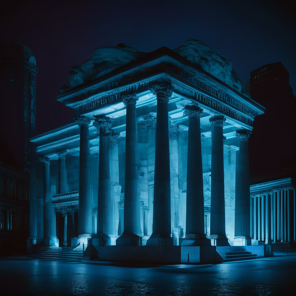 A somber nighttime setting portraying a vast, polished marble field divided by a chasm, representing the conflict between traditional banking and cryptocurrency. On one side, an austere Neo-classical bank, symbolizing Chase UK's rigid stance. On the other, a futuristic, vibrant city illuminated by neon, embodying the innovative spirit of crypto. In the chasm, the two worlds attempt to bridge the gap.