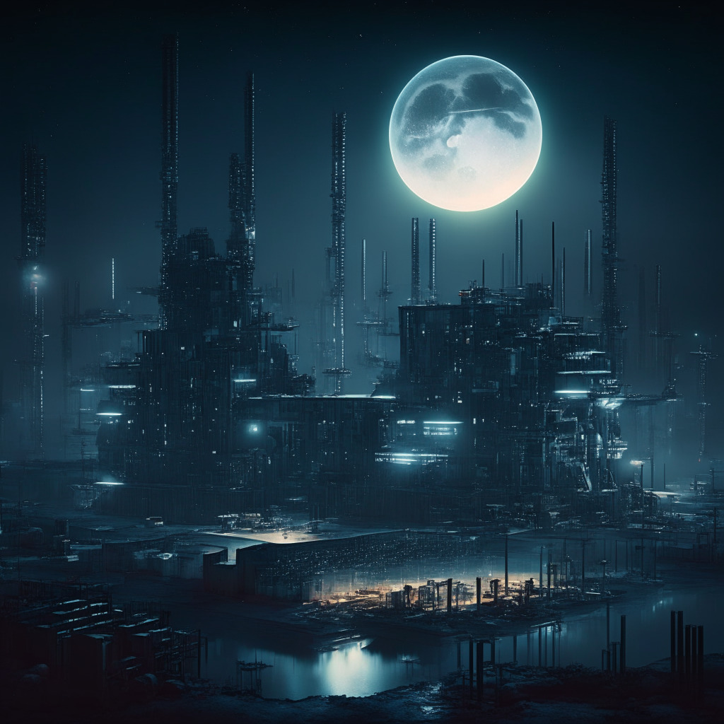 Moonlit Chinese industrial landscape featuring massive, futuristic AI chip factories under construction, Industrial Revolution style with a modern twist, lit from within emitting high quality light beams to the night sky, symbolic particle accelerators standing tall, stirring a mix of ambition, innovation and apprehension, bordering on dystopian style. No brands or logos.