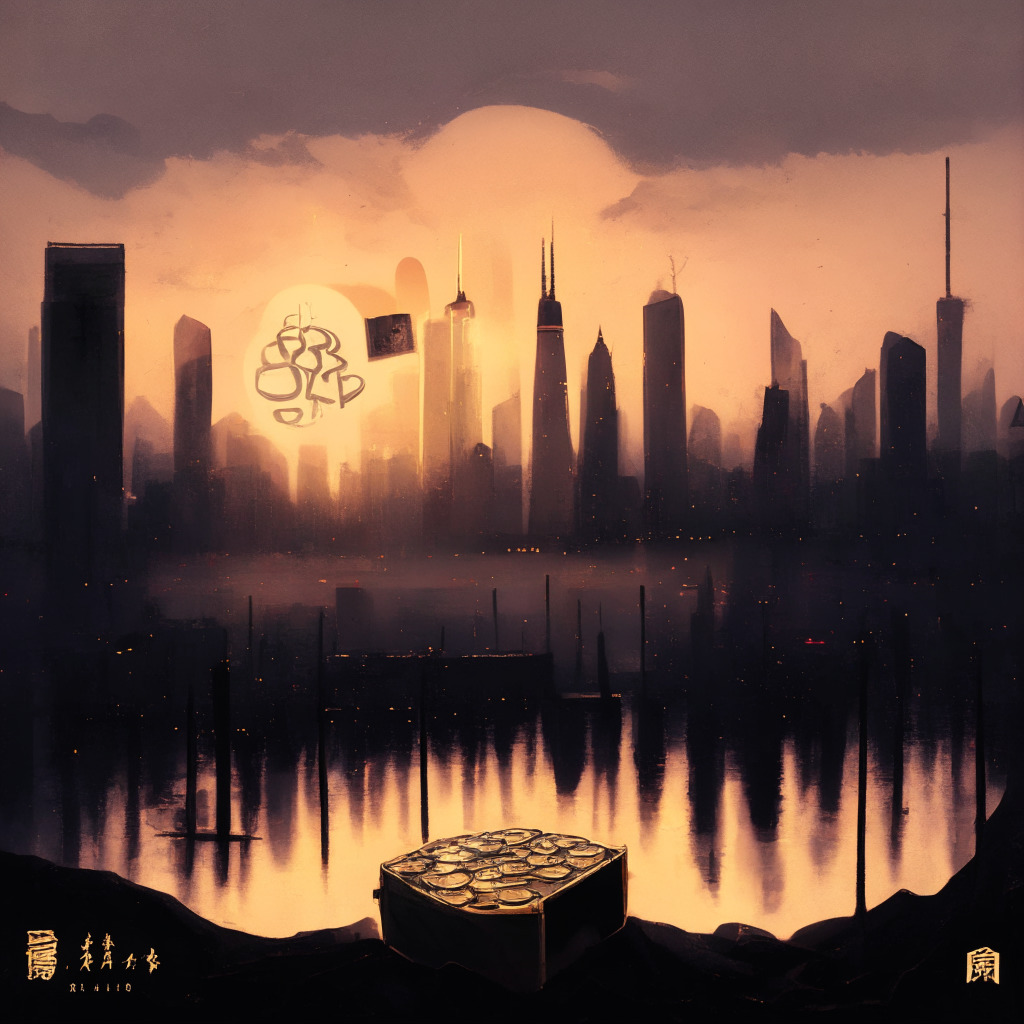 A twilight cityscape of Shanghai life in muted colors and impressionist style, yuan coins floating in the air, turning into glowing bitcoins against a setting sun. In contrast, a digitalized gloomy Ethereum landscape, an old box labelled Ganache and Truffle, slowly fades away while MetaMask Snaps and SDK arise anew on the horizon, reminiscent of an era gone. A sense of suspense and subtle anticipation filling the scene.