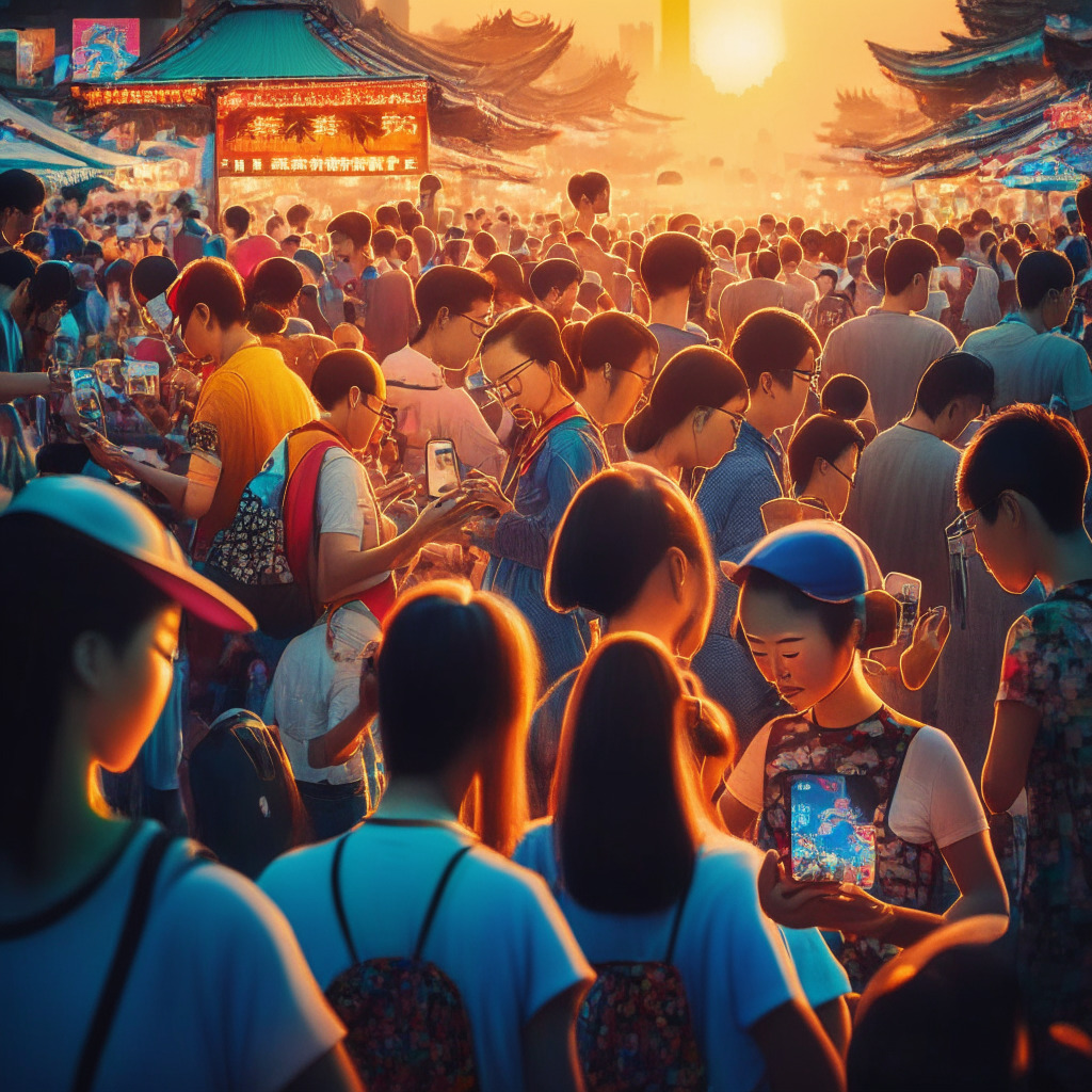 A bustling scene in Hangzhou during the Asian Games, daylight setting, digital yuan tokens flowing seamlessly from foreign tourists' mobile phones to various vendors in an almost surrealistic style. Feel the unprecedented convenience reflected in the vibrant colors, sharp lines, and light radiating from the digital transactions. The mood is optimistic, yet speculative.