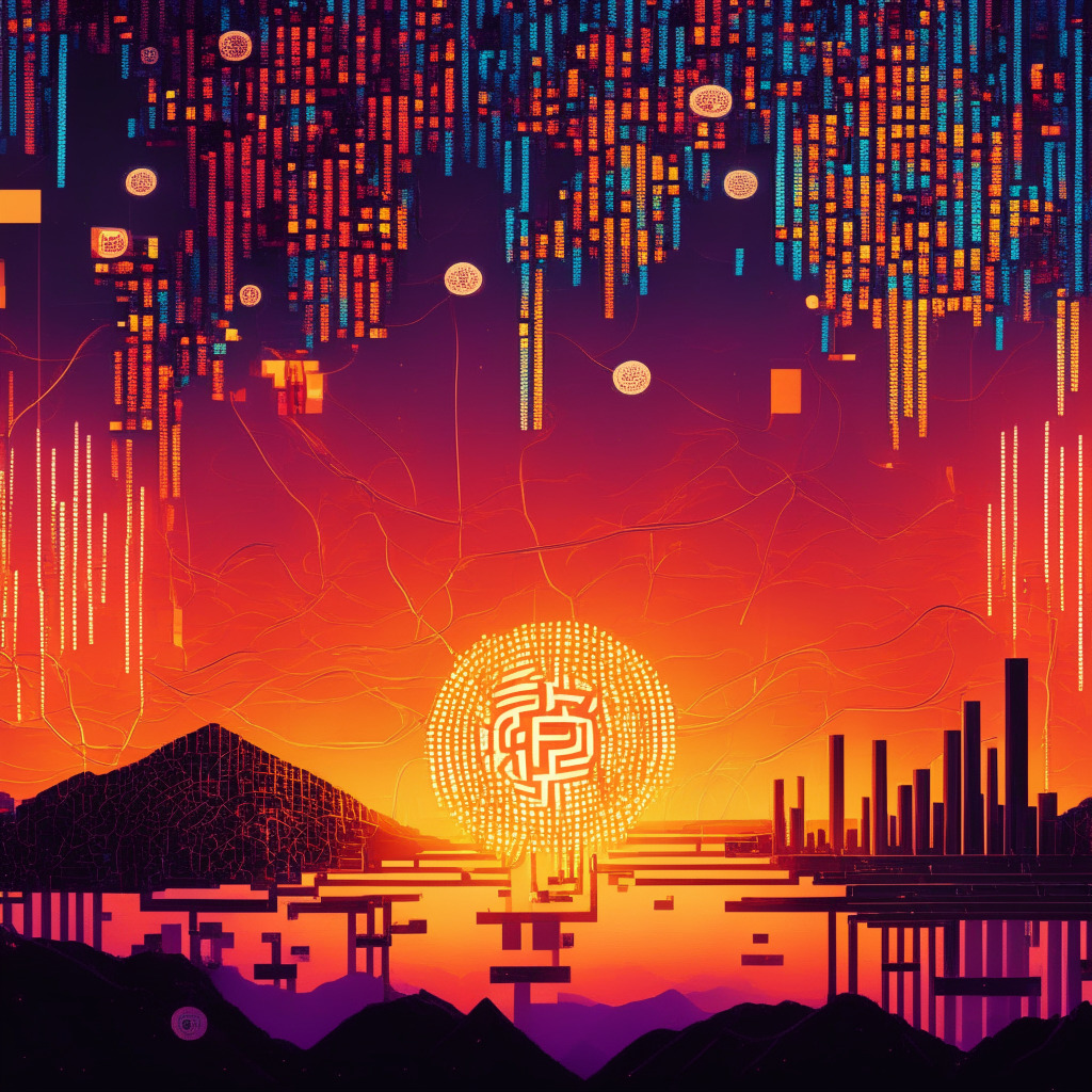 A sunset-lit digital landscape reflecting blockchain evolution, with interweaved threads symbolizing global cryptocurrency discourse. Shadowy silhouettes represent China's crypto clampdown, next to a glowing, multi-hued blockchain beacon portraying the vibrant global crypto space. Adding, a vivid array of pixelated elements showcasing internet platforms, digital domains, and AI music notes to embody the sectors impacted. All converge into a stylized weaving of innovation, control, and transformation, bathed in an alluring light of uncertainty.