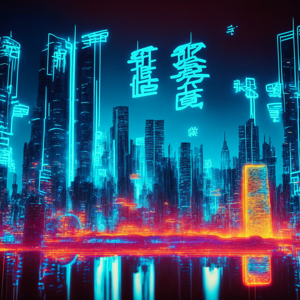 An abstract futuristic cityscape representing China's financial landscape transitioning into digital currency, e-CNY signs glowing with ethereal neon light illuminating the scene, suggestive of cross-border trade. Elements of Silk Road inspired architecture blended with modernity, symbolizing the Belt-Road-Initiative. Silhouettes of Chinese lenders and Sub-Saharan African counterparts shaking hands, reflecting significant BRI investment. A subtle hint of risk looms, visually mapping the potential for economic instability.