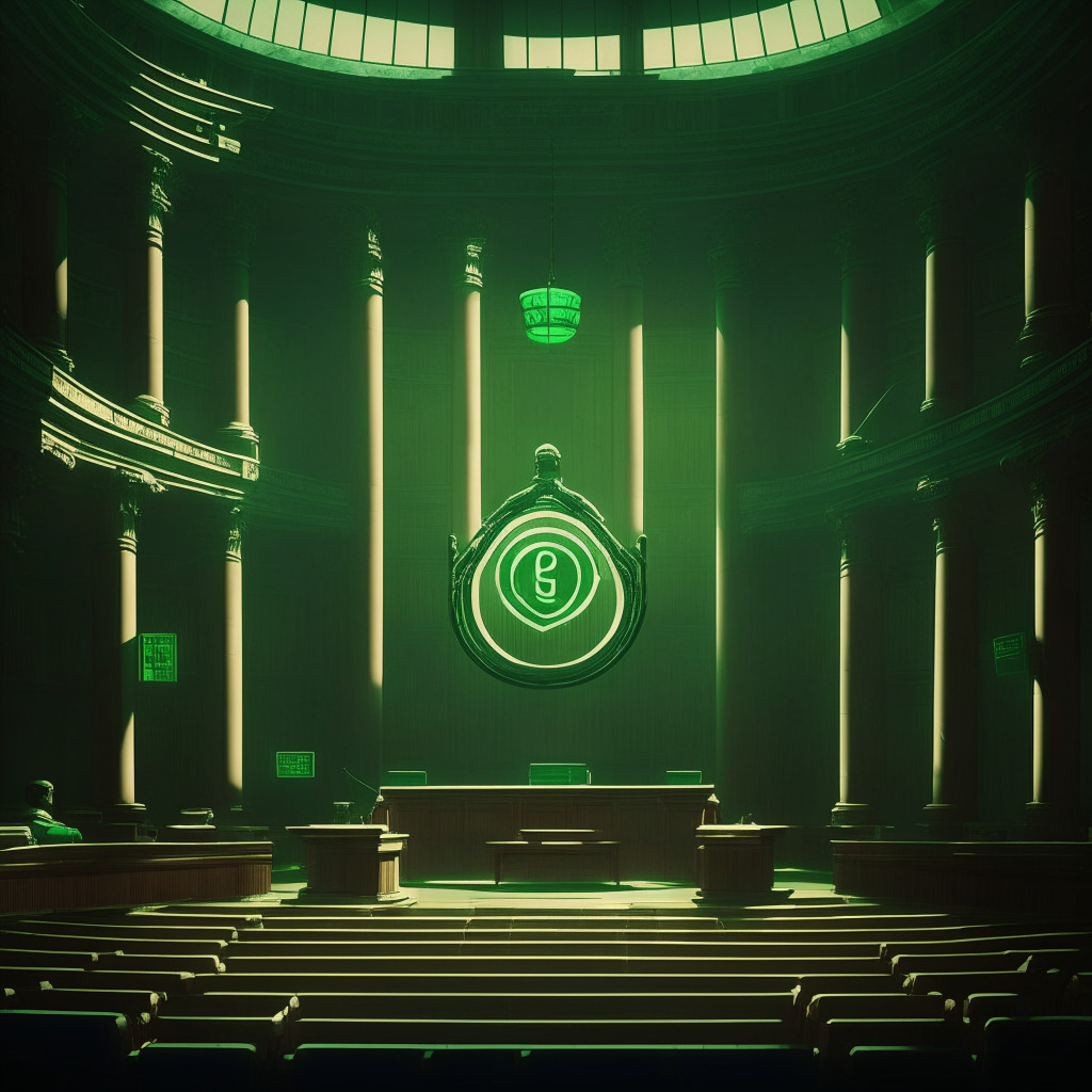 A magnificent Shanghai courtroom bathed in nuanced jade light, a gavel centralized symbolizing authority. Shadows and light create a divide, representative of the legal complexities in cryptocurrency and the evolving digital landscape. Immerse the setting in a cautiously optimistic mood, with the palpable tension of legal consequences. Punctuate the scene with a subtle hint of Bitcoin symbol, capturing its unique stature.