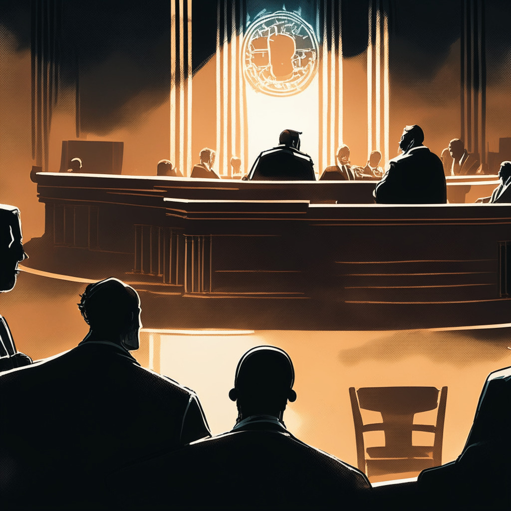 A clash of giants in a courtroom, illuminated by soft, medium contrast light, reflecting the complex and tense atmosphere of the ongoing crypto-securities law drama. A judge and SEC chair communicate varying perspectives on crypto laws, highlighted with a touch of contemporary realism. The background reveals a shadowy ripple symbol, an homage to key players in the crypto saga. The mood carries an air of anticipation, curiosity.