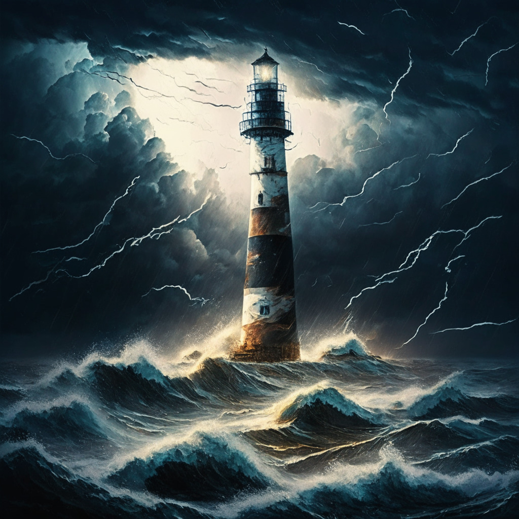 A tempestuous crypto seascape with a sinking ship named GALA, split in half due to the clash of its co-founders, its value being engulfed by stormy seas, under a moody stormy sky. On the horizon, a bright lighthouse shines, embodying the hopeful Bitcoin BSC, built on a robust and modern carriage, promising a safer harbor with its beacon of promise, innovation, and opportunity. Artistic style as a mix of realism, gothic aesthetic.