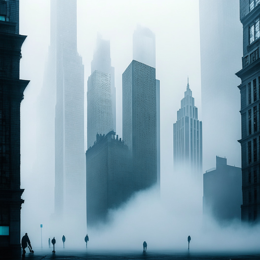A bustling financial district enveloped in a morning mist, the ghostly blockchain waves ruffling across, symbolizing CoinShares' audacious venture. Notable buildings outlined in a Cubist style, highlighting dynamism and transient success. The mood, akin to a daring gamble, shadowed by a looming storm of regulatory uncertainty, hinting at the volatility in the crypto landscape.