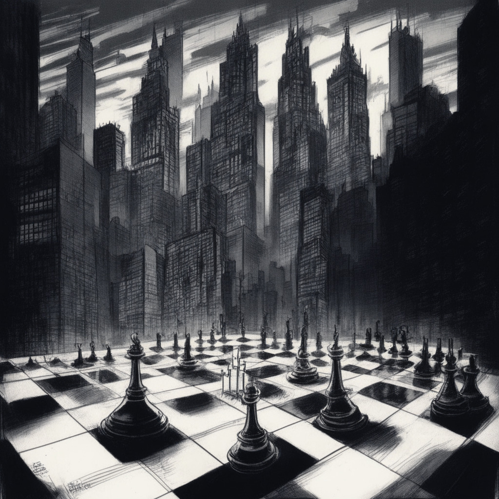 An ink sketch of a chessboard in the center of a financial district, chess pieces as shapeshifting characters representing CoinShares, European landscape and American skyscrapers on opposite ends of the board. The scene veers towards dusk with deep, twilight hues dominating, suspense-filled energy encapsulates the area. The King piece radiates a bold, yet uncertain glow indicating a poised move.