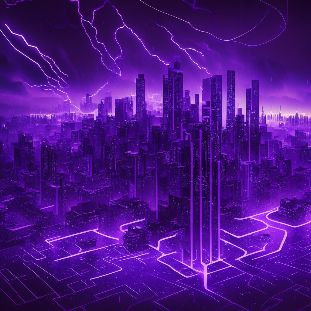 Visualize a futuristic digital cityscape at dusk, bathed in an electrifying blend of purples and blues. A glowing, abstract version of the Bitcoin symbol emerges, pulsating with lightning-like energy, heralding the integration of Lightning Network. Digital tendrils, reminiscent of circuits on a circuit board, extend from it, symbolizing expedited transactions. The city is a metaphor for the crypto world, filled with the anticipation and animation seeping into the air. The style should be a fusion of realism and abstract, merging tangible elements with the more ethereal nature of the digital world. Set the mood to evoke a sense of anticipation and the frenetic, exciting energy of a world on the cusp of change.