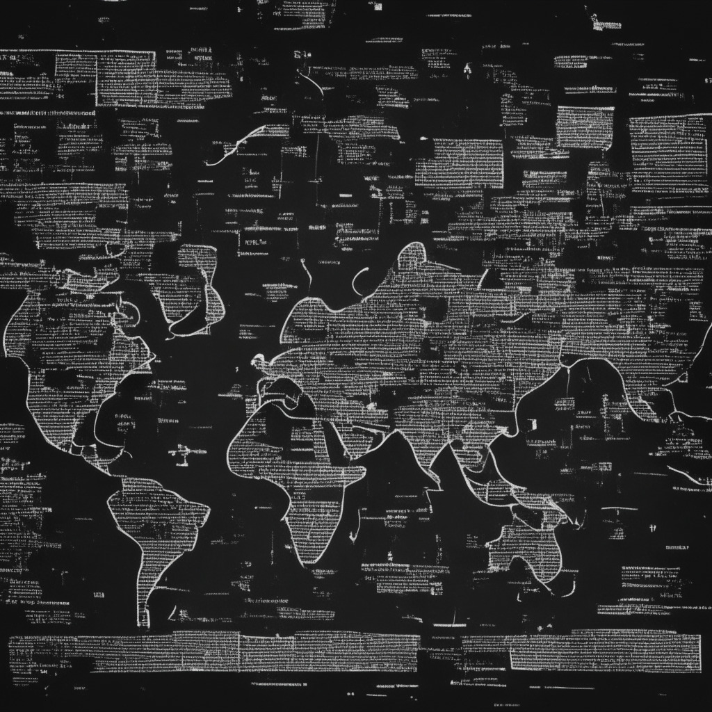 Monochrome world map, outlined continents with stars indicating major financial jurisdictions: UK, EU, Canada, Brazil, Singapore, Australia, and US. Cryptography symbols, digital circuits overlaying. Hint of tension, uncertainty, and excitement. Vintage newspaper style, noir lighting with a modern touch. Convey sense of exploration, promise, and emerging regulatory challenges in crypto.