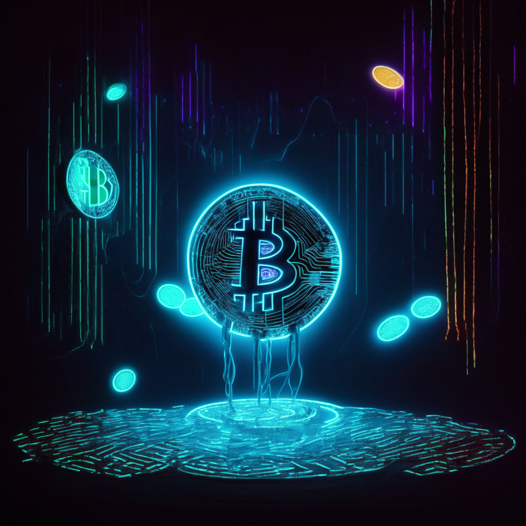 Abstractly render a vast crypto universe illuminated by soft neon lights, highlighting a large coin symbolizing 5% of all Bitcoin floating dominantly. Alongside it, deposit a subtle, faintly glowing cold wallet. Infuse a sense of power and excitement balanced by a nuanced aura of uncertainty and risk, with shadows symbolizing potential threats. Incorporate a tightrope walker carefully treading the line, demonstrating delicate balance in the volatile crypto market.