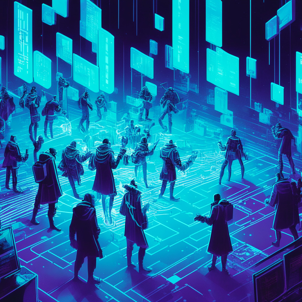 A digital illustrative scene under arctic moonlight, displaying contrast between organized chaos and calmness. A stylized stock exchange floor represents the world of digital currency futures trading. In the foreground, an array of anonymous figures suggesting retail investors engaging with a complex holographic interface, signifying anticipation and excitement, as they interact with the market. Muted but pulsating neon hues hint at the regulatory uncertainty and potential challenges.