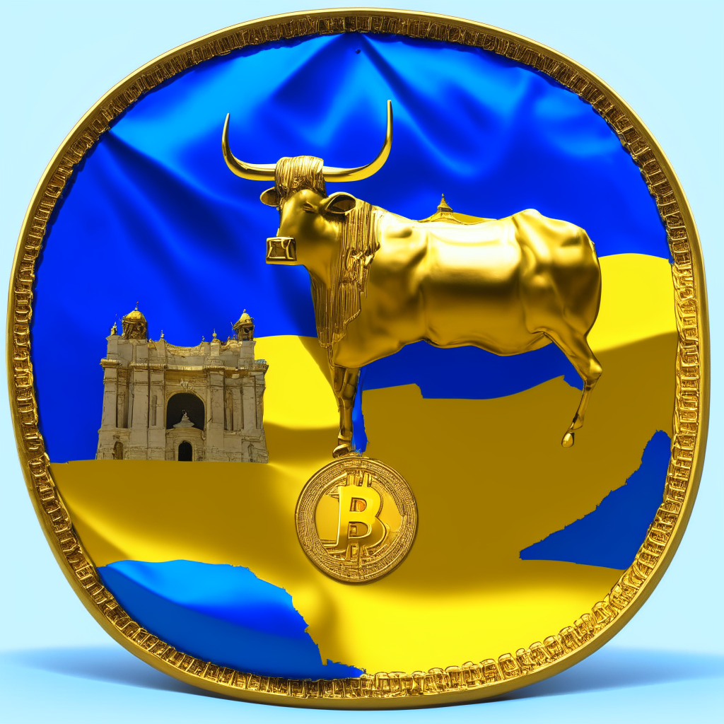 A large golden cryptocurrency coin with a bull symbolizing growth, ensconced in a Spanish flag, implying a location setting in Spain. Set against a rich, azure backdrop symbolising Euro, the nation's legal tender. A layer of glistening, sturdy chains representing Anti-Money Laundering compliance shield the coin. Evoking a mood of optimism, security, and forward movement in a growing crypto environment, and styled in a modern, monochromatic art style. The scene should be soaked in the soft morning sunlight suggesting new beginnings.