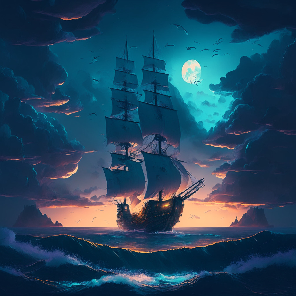 A vast financial ocean under a suspenseful dusk sky, an illuminated ship embarks on a risky journey, larger sails symbolizing the increased bond buyback, getting ready for a storm that shows the potential risks. In the distance, an island represents future value growth, while crypto coins rain down, signifying the new crypto loans initiative.