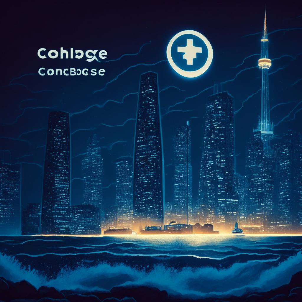 A nighttime cityscape featuring a prominent gleaming edifice representing the Coinbase exchange, enhanced debt note structures floating around it. A turbulent sea below symbolizes market uncertainty, with smaller structures diminishing in color to represent its decreasing customer count. Spotlights illuminating the tallest structure exude investor confidence. Meanwhile, a distant structure, depicting Visa, is seen supporting a glowing blockchain bridge, suggesting a daring but risky transformation. The overall color scheme is dominated by blues and silvers to create a mood of anticipation, excitement, yet caution.