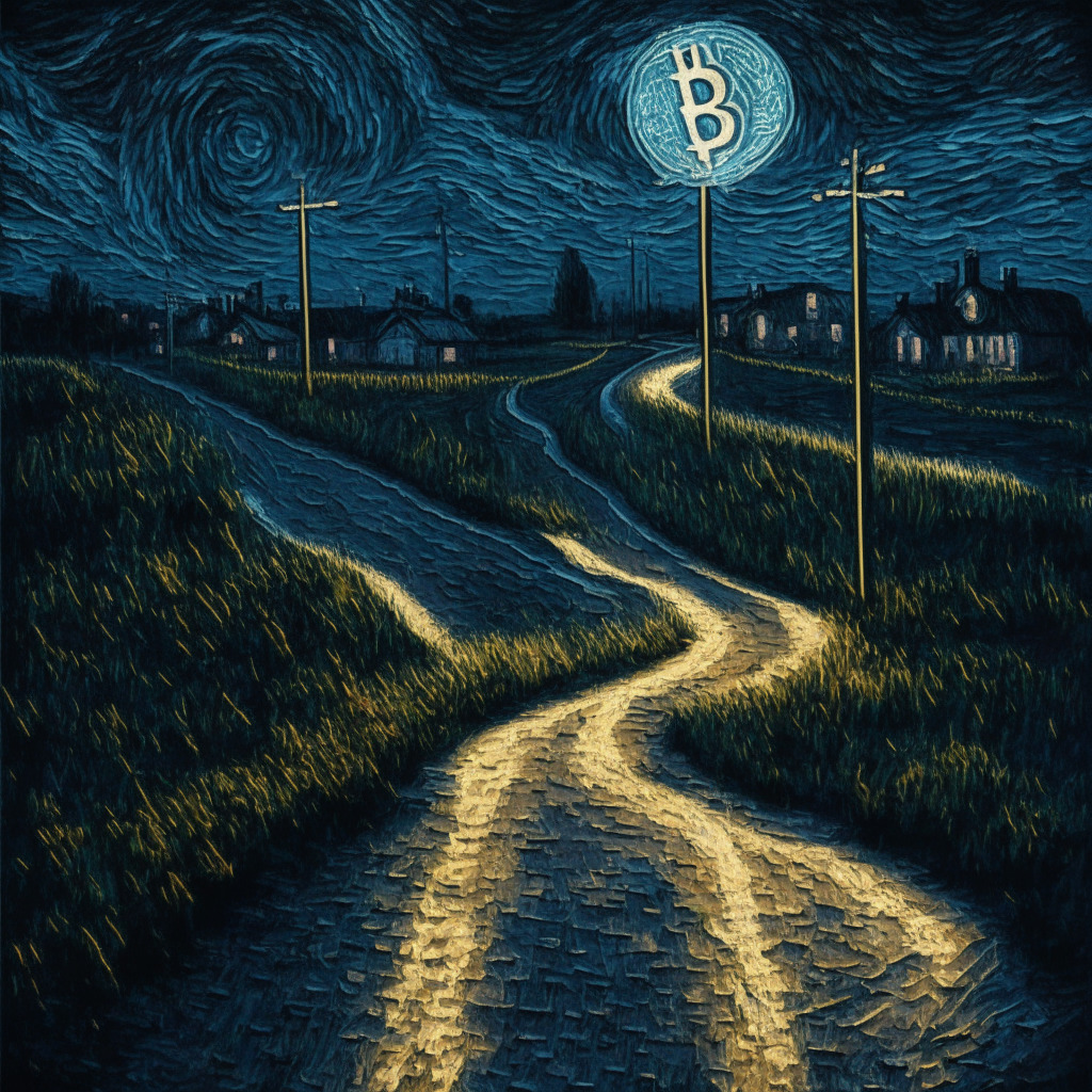 A digital representation of a crossroads under the dim glow of streetlights, painted in the detailed style of Van Gogh's Starry Night. One path leads towards a bustling cityscape symbolic of traditional cryptocurrency exchanges, while the other diverges towards a peaceful countryside, representing Bitcoin's Lightning Network. The mood is tense, filled with anticipation and uncertainty.