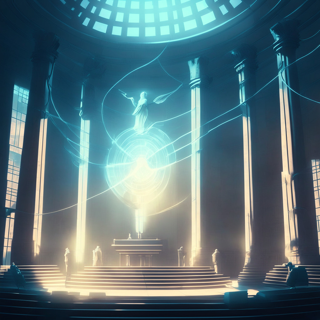 A courtroom under soft, ethereal light, where symbolic figures reflect opposing forces in blockchain regulation. A nebulous form, embodying the SEC, stands against a radiant specter, representing the Chamber of Digital Commerce. In-between, a binary code stream transforms into new-age currency elements. The mood echoes the tension and anticipation of legal resolution.
