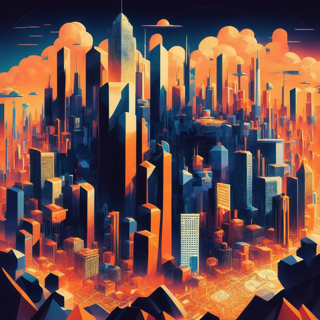 A vast, digital cityscape representing global crypto regulation, a magma-lit Bitcoin skyscraper signifying Coinbase's expansion at its center. Shorter, surrounding buildings show various countries symbolising market diversification. The mood is hopeful yet robust, echoes of Neo-futuristic art style, highlighting complexity and dynamism of cryptocurrency landscape.
