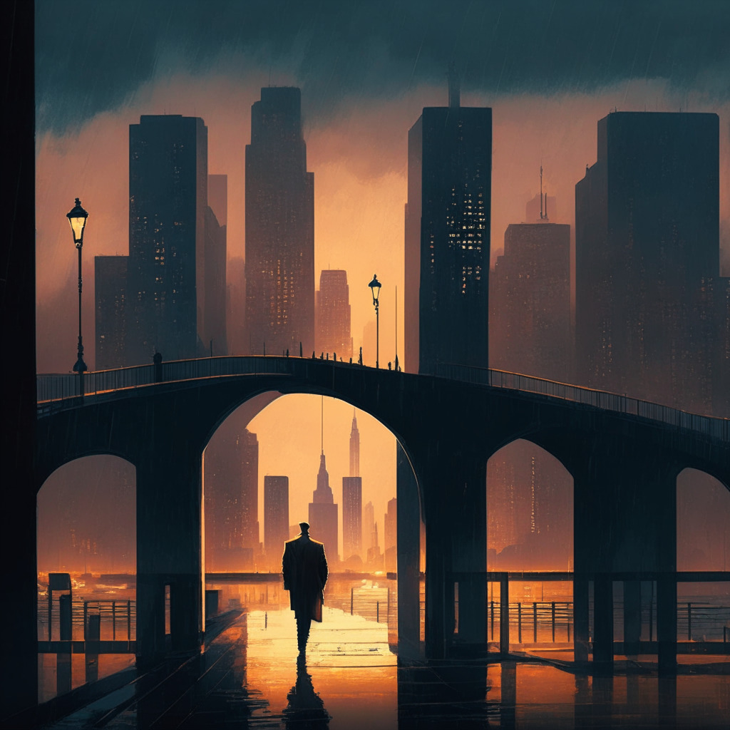 A stormy, financial cityscape at dusk, with tall buildings composed of intricate cryptographic code, looming ominously against warmer hues of sunset, casting long shadows on the streets below. In the foreground, a bridge constructed from arched ledgers, symbolizing traditional and modern finance, connects the city. A lone figure, symbolic of an investor, walks warily, illuminating the path with a lantern shedding cool, digital blue light, casting an ambivalent, suspenseful mood.
