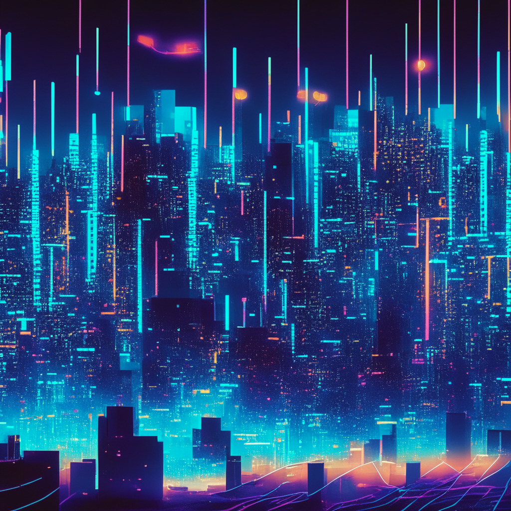 A cybernetic landscape illuminated by pulsating neon lights, representing the surge of transactions on Coinbase's layer 2 blockchain. A flourishing decentralized city symbolizes the FriendTech phenomena, with vibrant streets and buildings shaped like upward pointing arrows. The cityscape is set against a backdrop of soaring graphs and data streams, showcasing the record-level highs and unique addresses. This scene exudes a dynamic energy, reflecting the momentum and potential of emerging technologies and blockchain ecosystems. The style is a blend of neo-futurism and digital surrealism, enveloped in an electrifying mood to match the excitement and intrigue surrounding this subject.