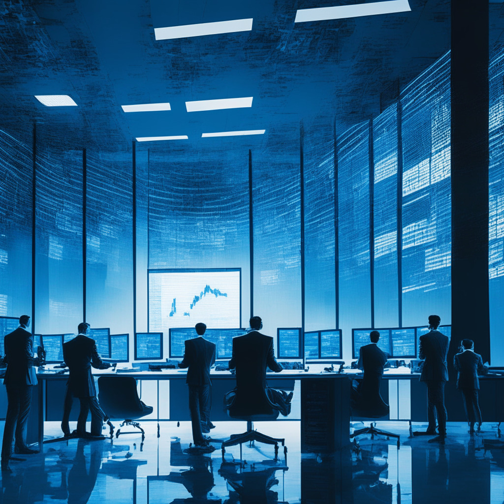 A sleek modern office, bathed in the cool blue hues of a late evening, contrasts the chaotic world of crypto. A populated trading floor, digital graphs charting the ebbs and flows of invisible currency. Busy investors, silhouetted against the bright screens, reflect uncertainty. Dominating the background is a monolithic stone slab, an engraved symbol signifying the noble aspiration of lending, marred by visible cracks. The scene blends realism with abstraction, reflecting the precarious balance between the pursuit of unprecedented opportunities and immense challenges.