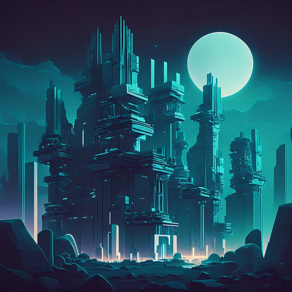 A neo-futuristic financial landscape bathed in soft moonlight, portraying a digital fortress symbolizing Coinbase and a cluster of robotic lenders hinting at its institutional clients. In the distance, are ruins signifying defeated rivals Genesis and BlockFi. Artistic style is chiaroscuro to evoke the risky and strategic nature of the venture with cool-toned colors to enhance the technological and innovative theme.