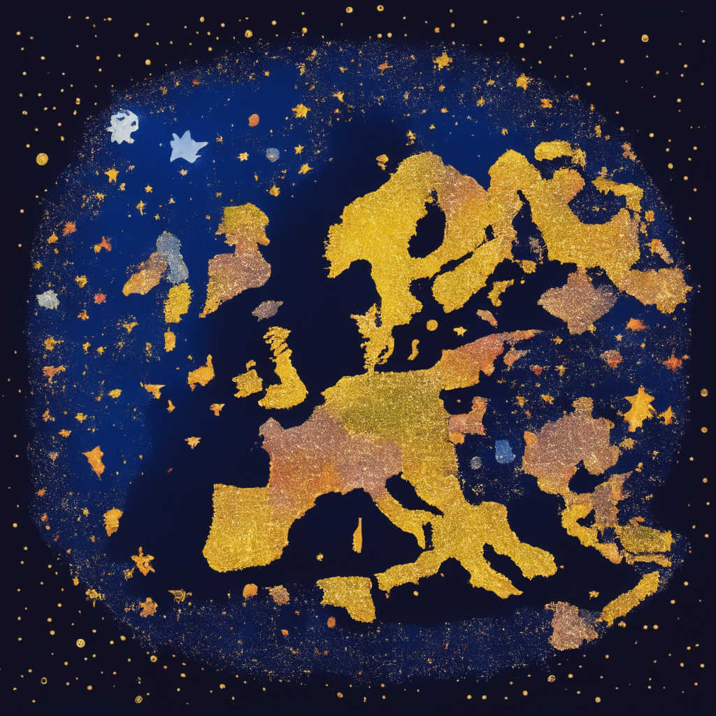 A global map with emphasis on the European Union, United Kingdom, Canada, Brazil, Singapore, and Australia, represented as bright stars, surrounded by cryptocurrency symbols. Colors of dusk bloom on the canvas reflecting a tense atmosphere. In contrast, the United States is shadowed, hinting at the country's subdued presence in the crypto realm. A fading silhouette of the Coinbase logo evokes an air of uncertainty, depicting regulatory challenges.