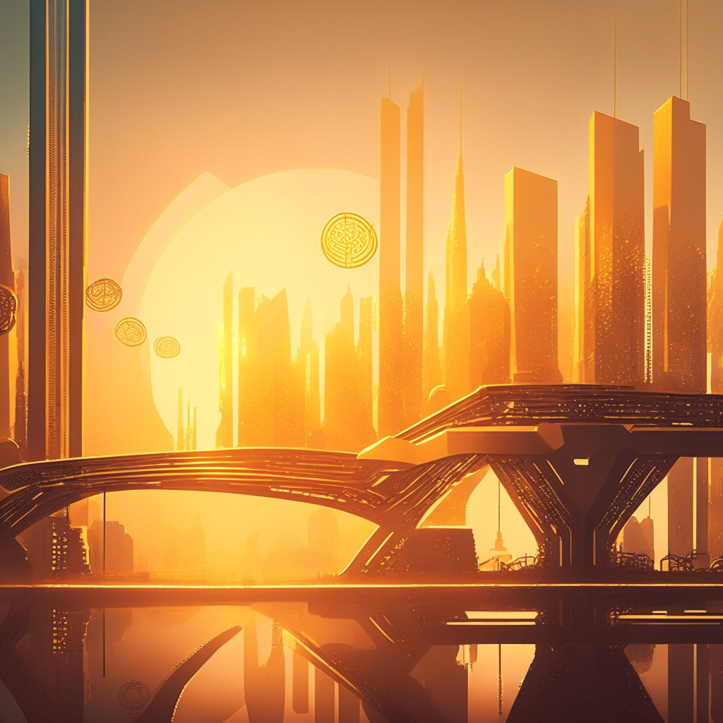 A futuristic financial cityscape at sunrise, gleaming with golden hues and subtle shadows. Imbue it with a surreal, digital aesthetic, reminiscent of decentralized finance and NFTs. Instill an air of reverence, curiosity, and just a hint of uncertainty. Feature on-chain links, secure wallet iconography, and a sturdy bridge visual metaphor, bridging the traditional and decentralized economy. Convey an overall mood of anticipation, optimism, and discreet skepticism.