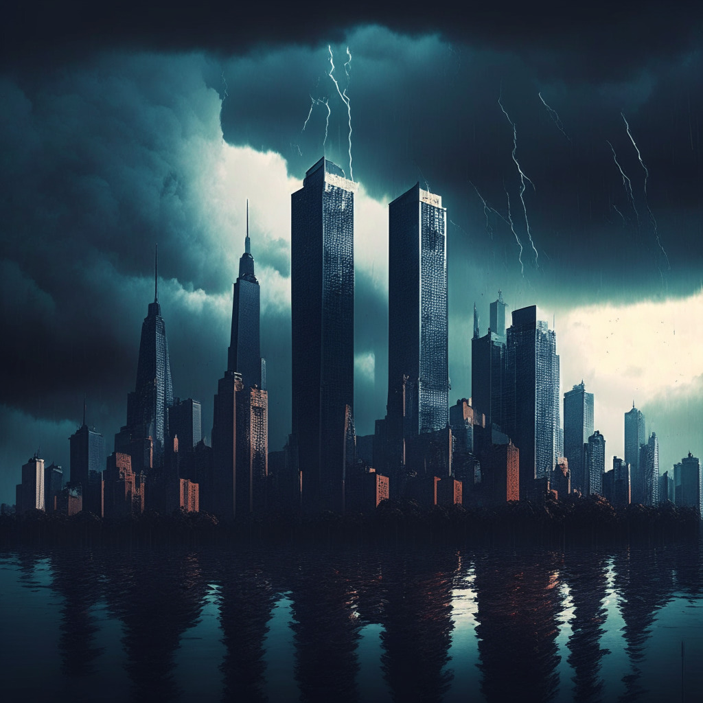 Gloomy cityscape with towering skyscrapers engulfed in turmoil, beautifully reflecting a blend of realism and symbolism. Highlights include stormy clouds, symbol of calamity, hovering over iconic financial structures, a river infront subtly mimicking the cryptocurrency market fluctuations. Use desaturated colors, subdued lighting, and an overall melancholic ambience to depict the consequences of non-compliance with regulations, downfall, and uncertainty.
