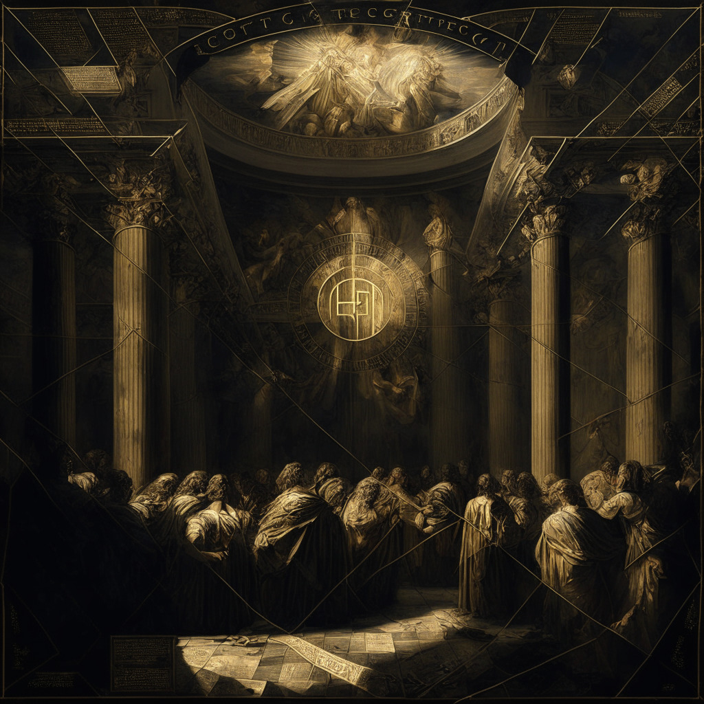 Renaissance-style painting capturing the pivotal moment of Terra Classic's democratic voting process, featuring symbolic distress and hope. Visualize a complex network of gold and silver coin arrays depicting USTC and LUNC cryptocurrencies, fallen, yet its members firmly united in hope of resurgence. Dusky, semi-dark lighting emphasizes the dramatic market downturn while rays of hopeful light from the corners introduces potential for recovery.
