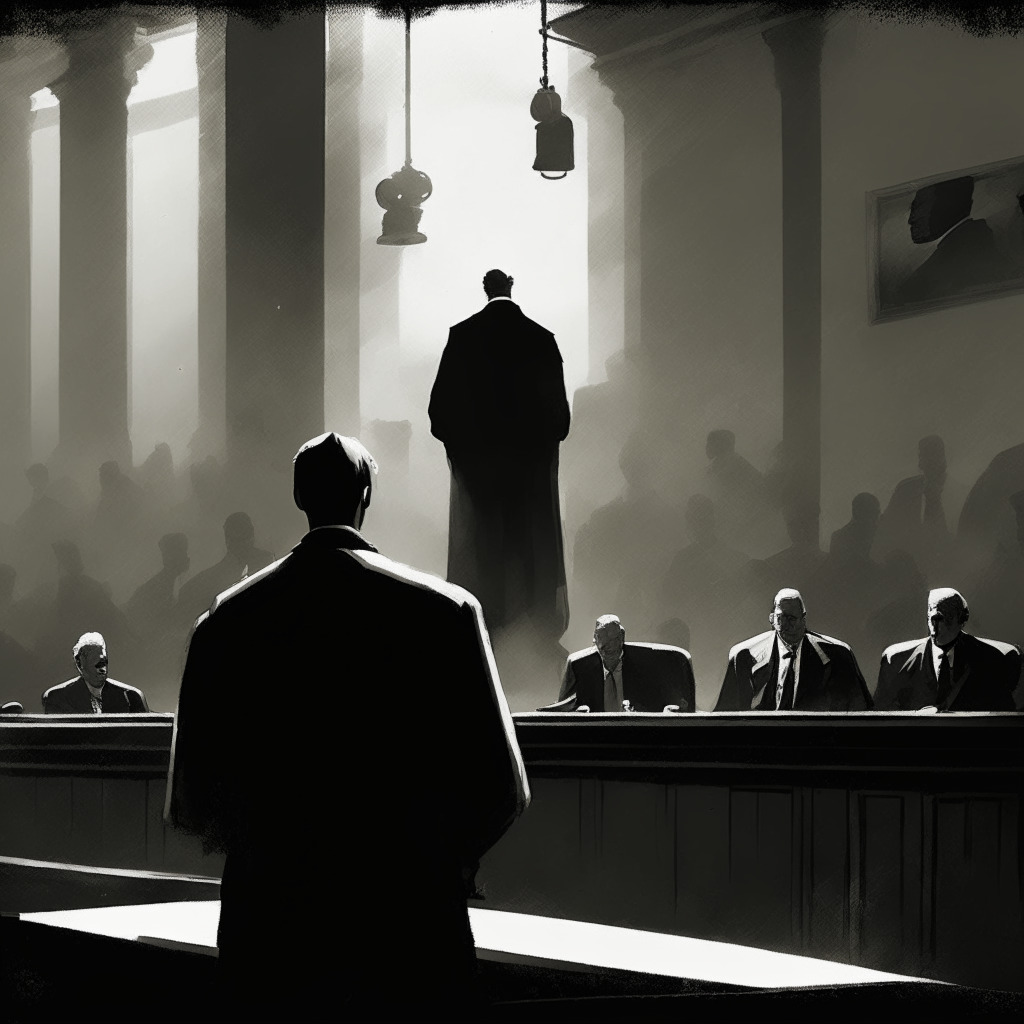 Dramatic courtroom scene in muted, sepia tones conveying a tense atmosphere, featuring anonymous figures representing creditors in the foreground, cold accusing eyes focused on a solitary figure standing for Genesis Global Capital in the distance. In between, a gavel held by a stern judge, signaling an impending judgement.