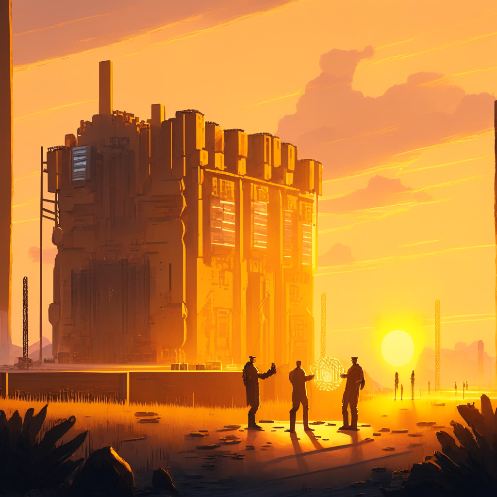 A grand modern cryptocurrency mining data center bathed in gentle golden sunset light. It's partially operational, with bits of machinery lying idle. In the foreground, two corporate figures shake hands, symbolic of the legal settlement. The atmosphere is suffused with a sense of anticipated victory, tentative relief, and a cautious optimism. Art style akin to photorealism capturing the stark contrasts & intricate details of the infrastructure.