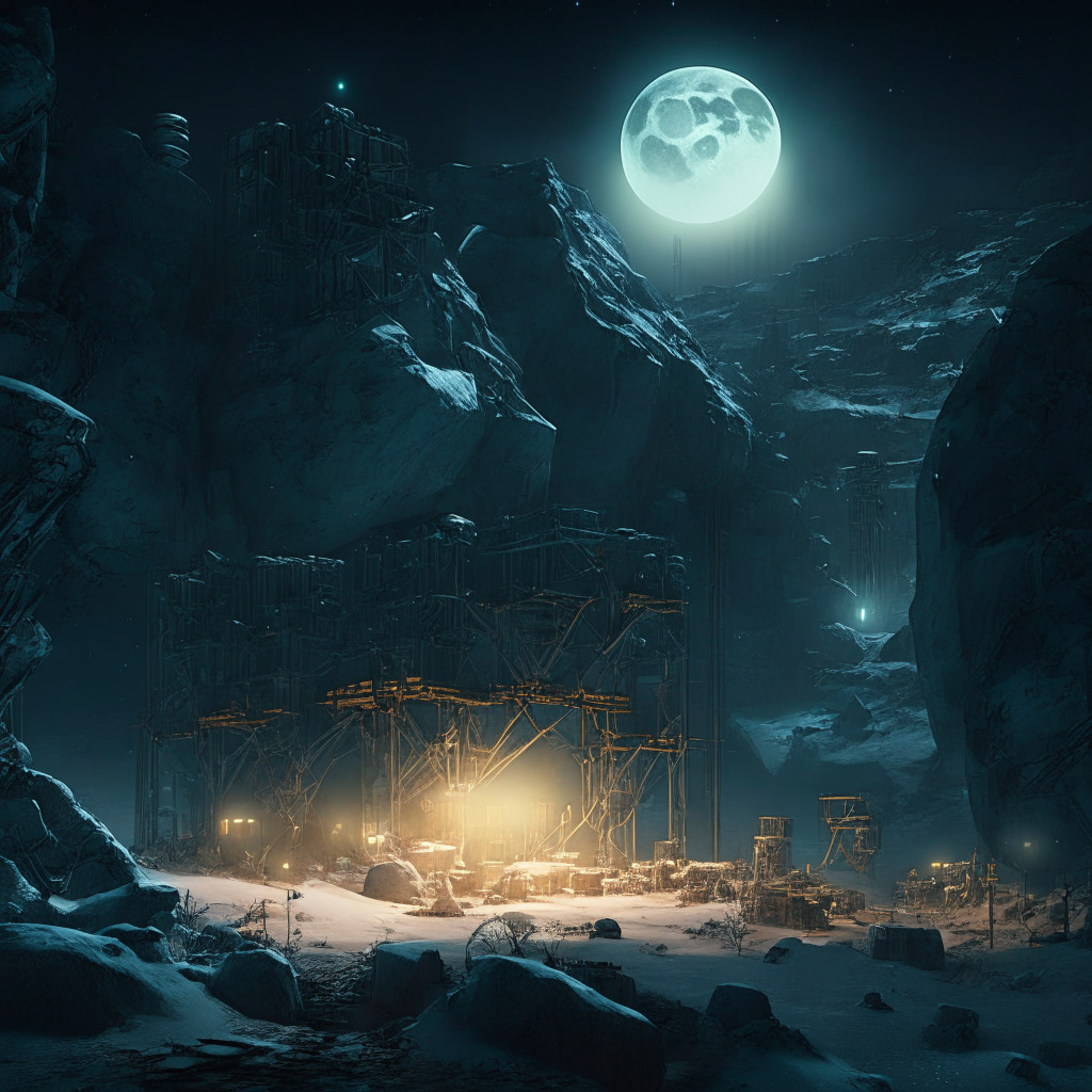 An intricately detailed scene of a futuristic mining site in Cedarvale, illuminated by the ethereal glow of the moon, using a dystopian art style. The image captures an air of uncertainty, tension, and resilience, with visualization of mining rigs in standby, merging gloom with hope. The mood suggests intricate and risky negotiations taking place amidst an unforgiving crypto winter.