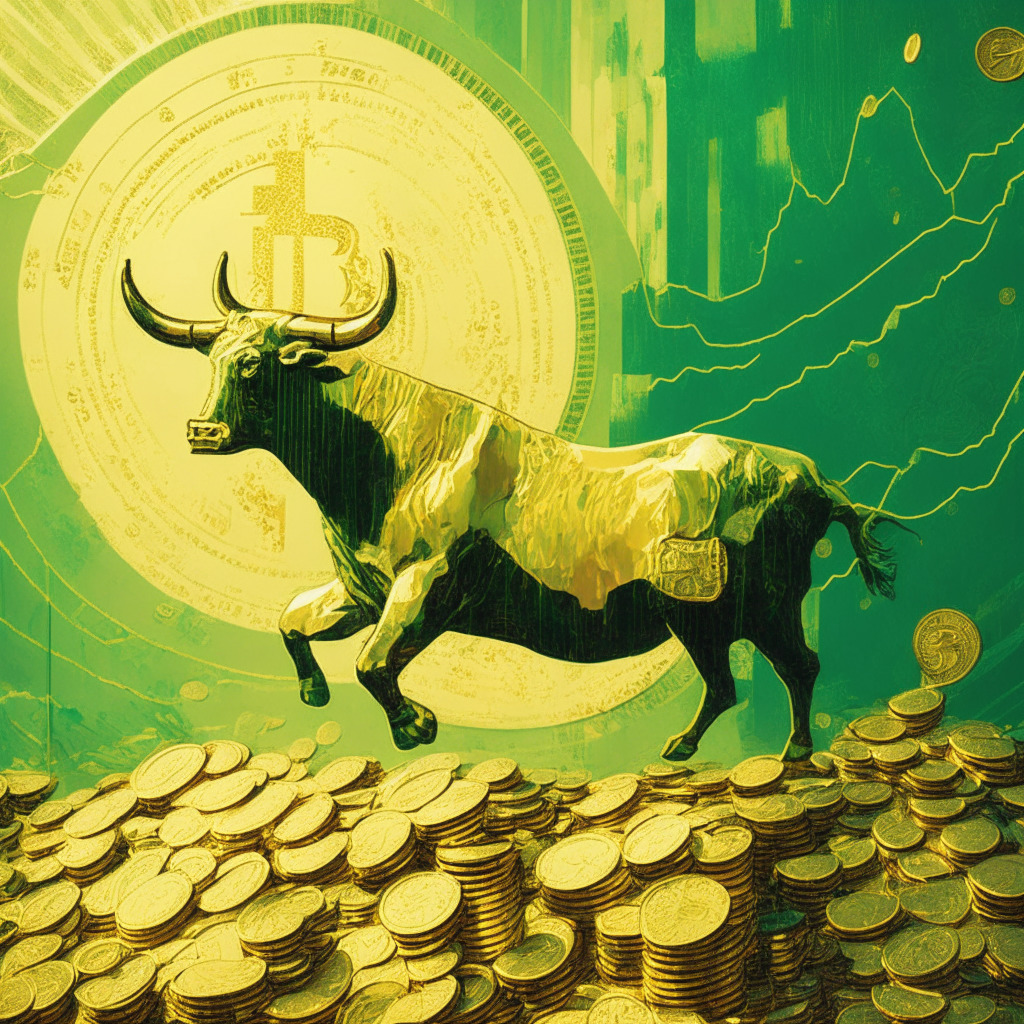 A grand display of cascading coins, depicted faintly akin to the style of impressionist art, in hues of gold and green. The image imbues a soft early morning light highlighting the upward motion of Bitcoin and Ethereum coins. Mood is cautiously optimistic, yet tempered with a note of realism. A stylized golden bull, symbolic of a bull market, cautiously engaging with the coin cascade.