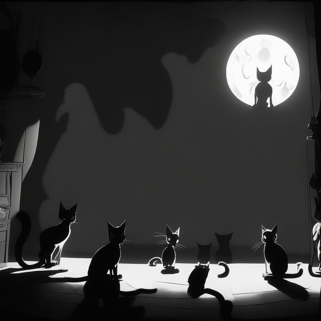 A dimly-lit, film noir-style scene showcasing animated cat characters involved in a secret gathering, reflecting the mood of secrecy and controversy. Single-source lighting glows from a moon for dramatic contrast, casting long shadows. The environment suggests tension and turmoil. The characters' expressions display concern, embodying the atmosphere of scrutiny.